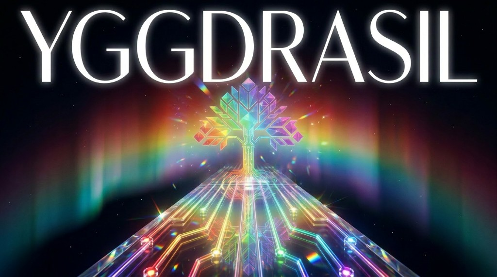 Yggdrasil parallel AI reasoning architecture with a rainbow bridge leading to the World Tree