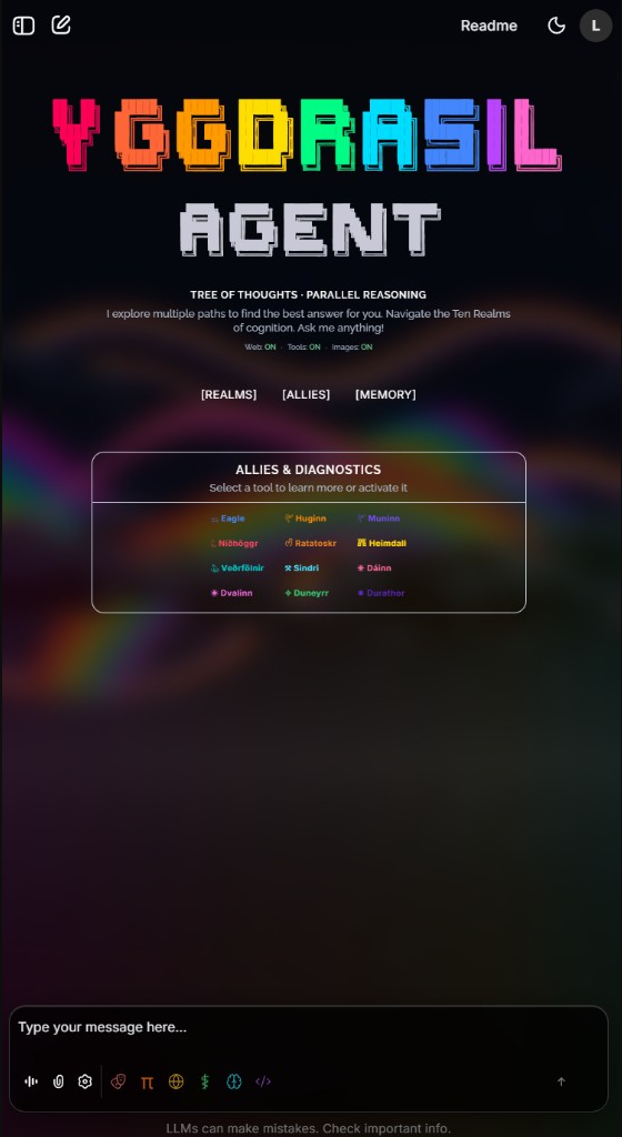 Yggdrasil Agent web UI Allies and Diagnostics tool grid with mythic creature tools