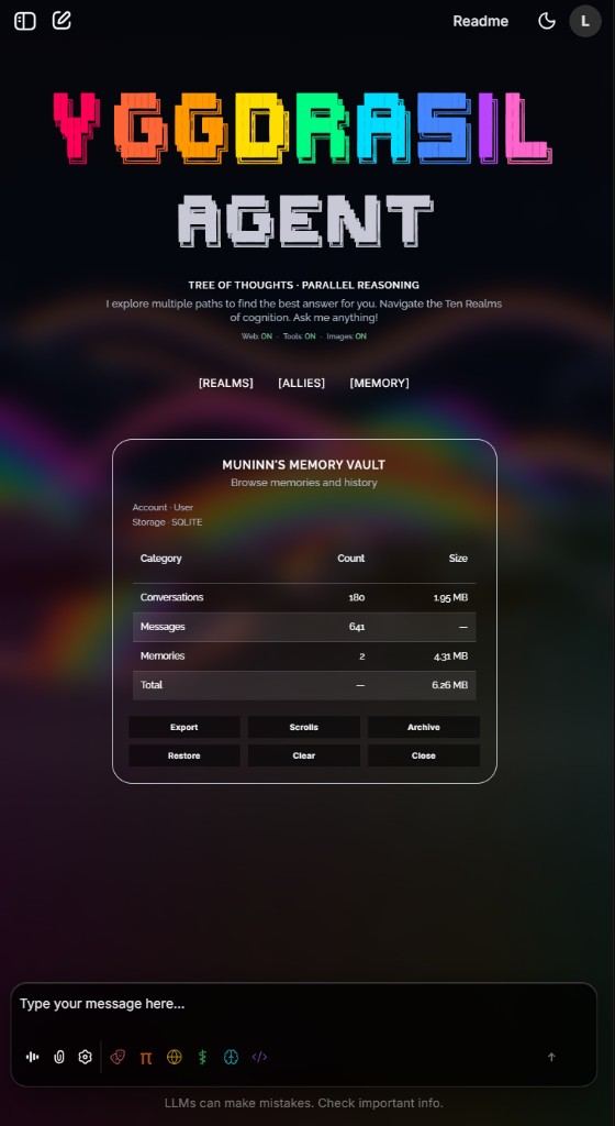 Yggdrasil Agent web UI Muninn Memory Vault with conversation and storage stats