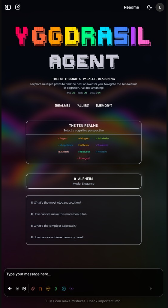 Yggdrasil Agent web UI Ten Realms picker with Alfheim selected and suggested prompts